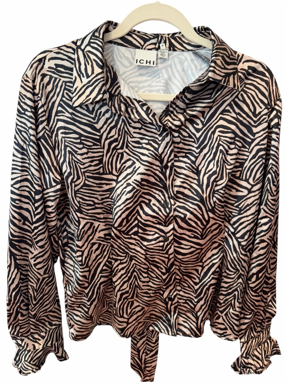 ICHI Zebra Print Tie Front Blouse Black Tan Sample NWT